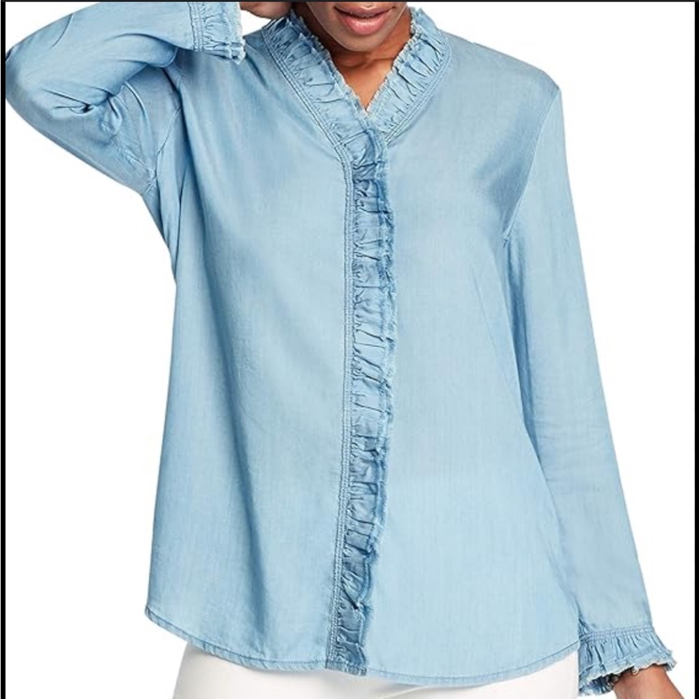 Nic+Zoe Women's Ruffled Up Denim Shirt Button